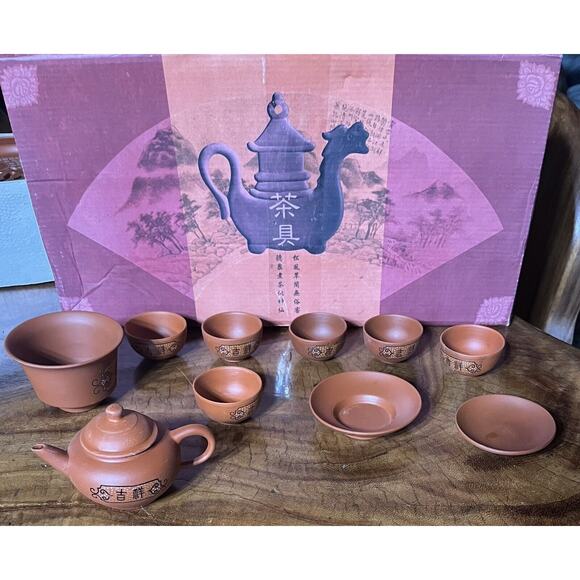 ASIAN SERVING SET Clay Stoneware Rice Warmer Sauce Bowl Lid Saucer 6 Mini Cups & - Picture 5 of 10